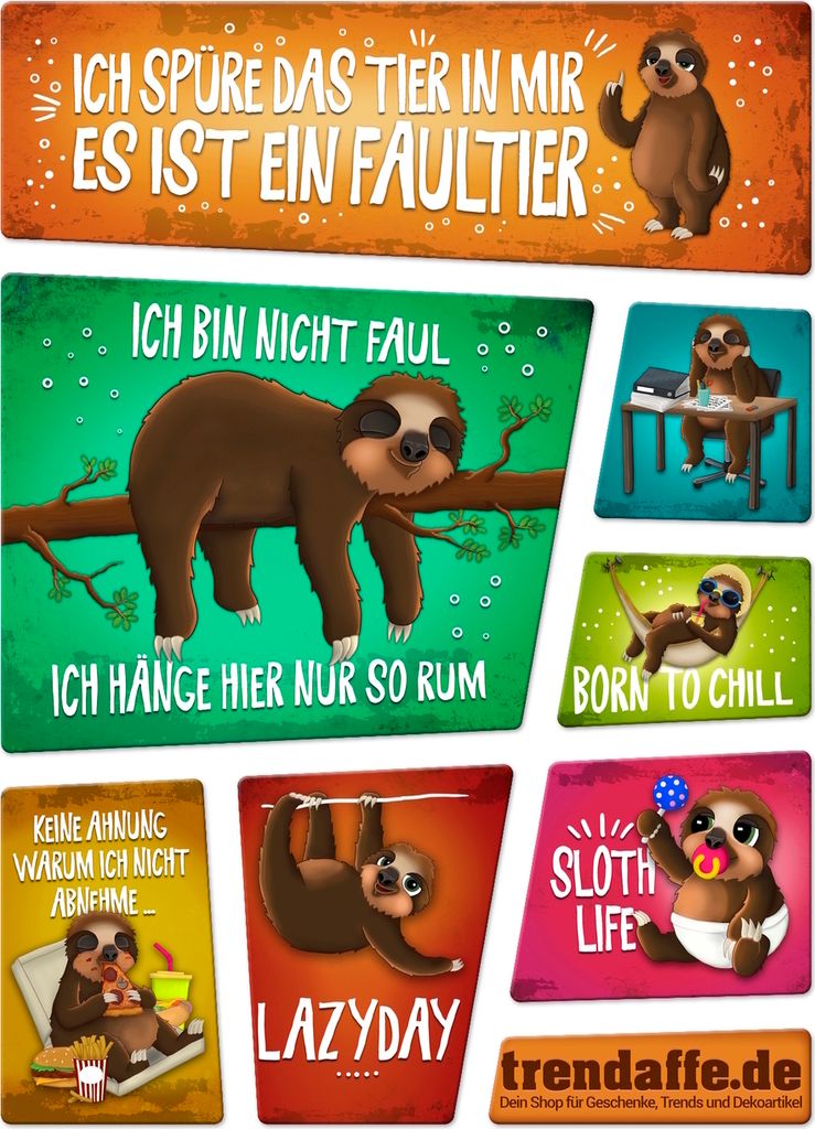 Faultier Kühlschrankmagnete 7er Set mit Faultiermotiven und Spüchen Trendtier