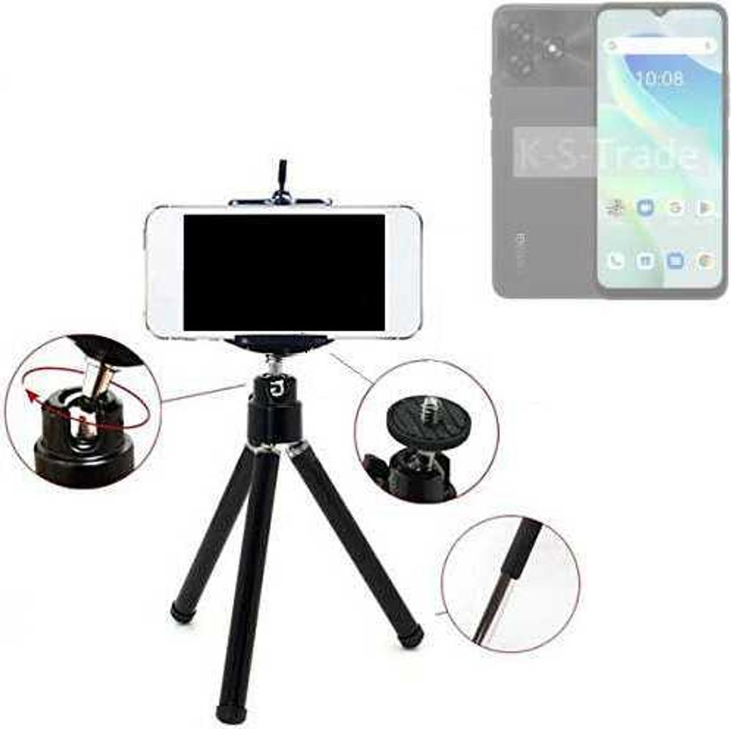 K-S-Trade Smartphone Stativ Dreibein kompatibel mit UMIDIGI G5 Tripod aus Aluminium Klemmstativ Stativ Adapter für Mobiltelefone schwarz 1x