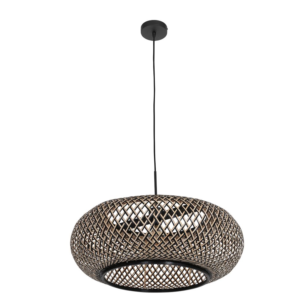 Steinhauer Pendelleuchte Maze 1-flammig Mattschwarz / holzfarbener Schirm 40x40cm