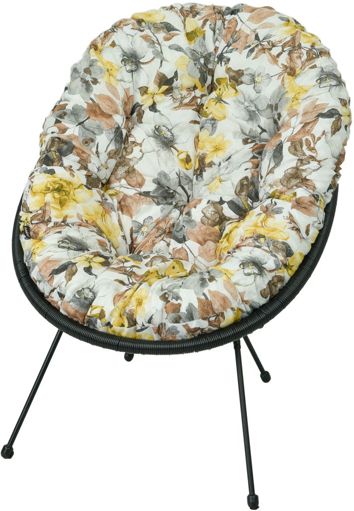 A floral patterned cushion on a black chair with thin black legs, isolated on a white background.