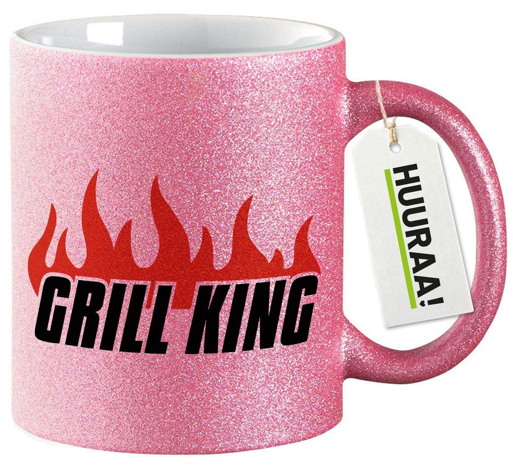 Huuraa Glitzertasse Grill King Flammen 330ml Pink Keramik Kaffeebecher Geschenkidee