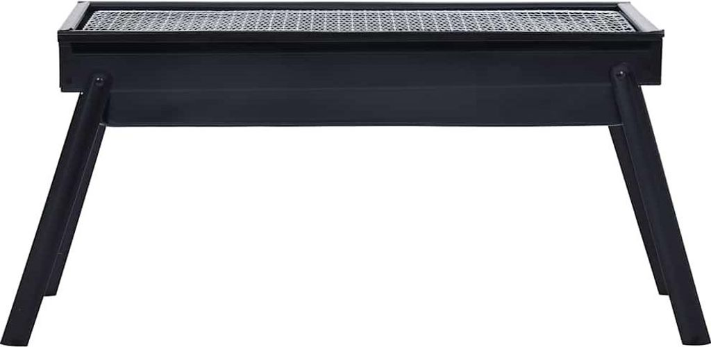 A black portable camping grill with a metal grate and four legs, shown from the front on a white background.