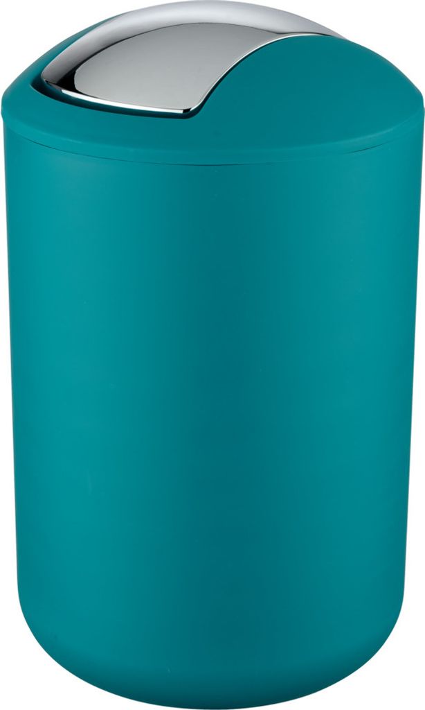 A teal colored trash can with a silver lid.