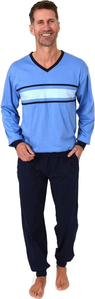 Normann Herren langarm Schlafanzug mit Bündchen + edlen Frontprint - auch in Übergrößen ; marine , 48
