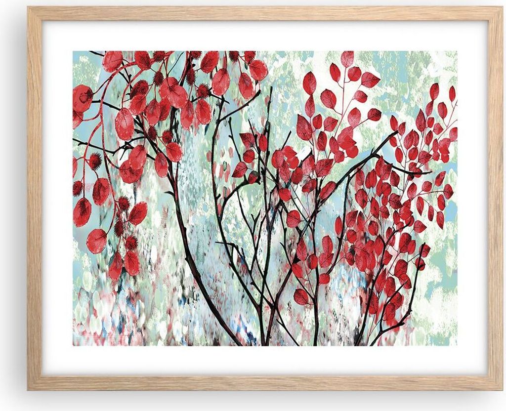 Gerahmtes Poster - Rahmen in heller Eiche - Rot Blätter Zweige - 50x40 cm - Wand Bild - Wanddeko - Wandbilder - Kunstposter - Wandposter - Bilderr...