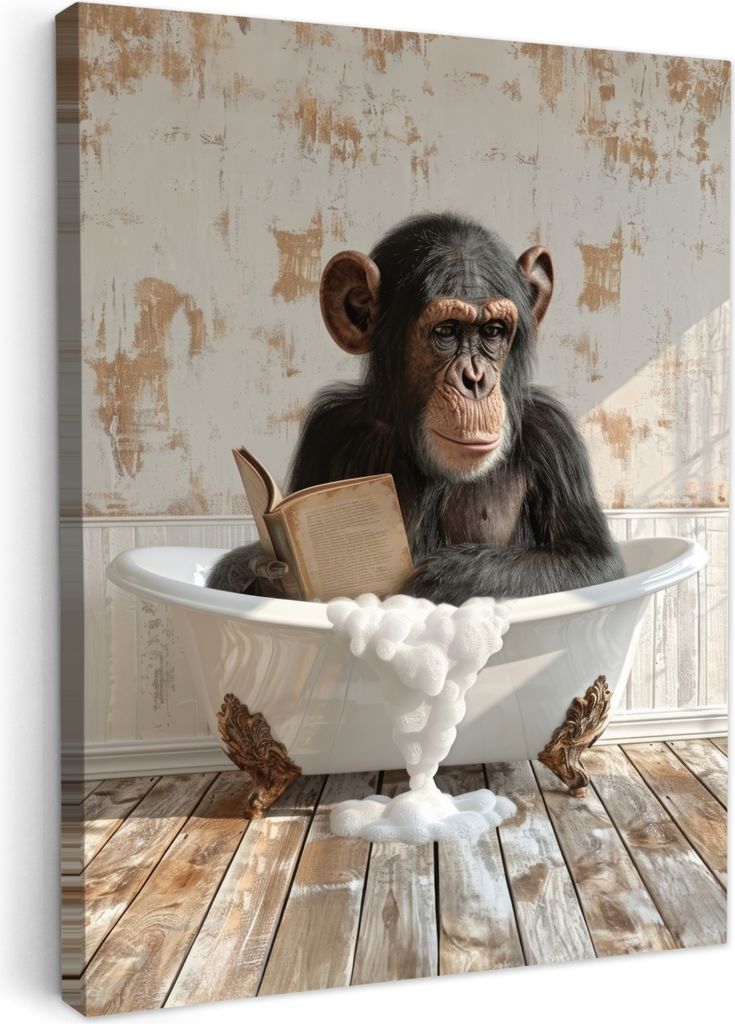 MuchoWow - Leinwandbilder - Vintage - Affe - Badewanne - Schaumstoff - Tier, Wandbild, Wanddeko Bilder Wohnzimmer, 60x80 cm
