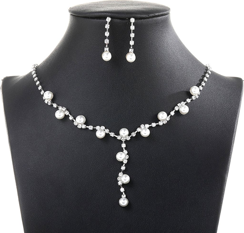 Mode Frauen Strass Faux Perle Anhänger Halskette Ohrstecker Schmuck-Set