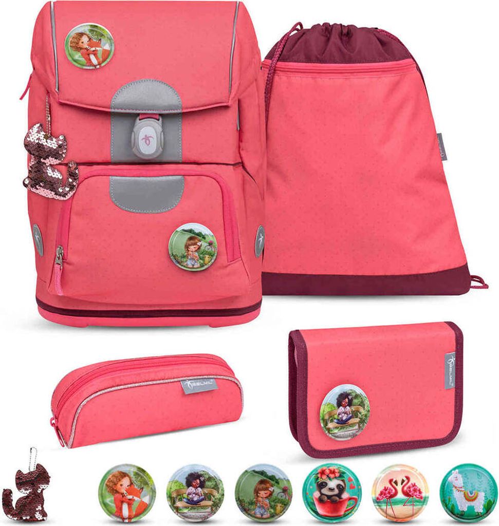 Belmil Motion ergonomisches Schulranzen Set 5-teilig "Sweet Candy" aus recyceltem Material mit Brustgurt, Hüftgurt, Magnetverschluss, Patch Set 6 ...