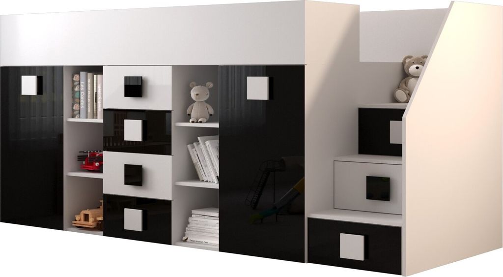Etagenbett für Kinder Toledo 3 Stockbett mit Treppe, Schreibtisch, Bettkasten (Weiß/Weiß Glanz + Schwarz Glanz, Seite: Rechts)