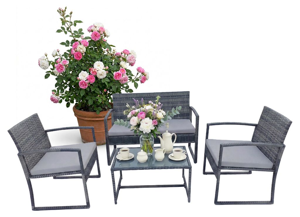 Relaxdays Gartenmöbel Set, 4-tlg. Rattan Sitzgruppe, 4 Personen, Bank, Stühle & Glastisch, Loungemöbel, outdoor, grau