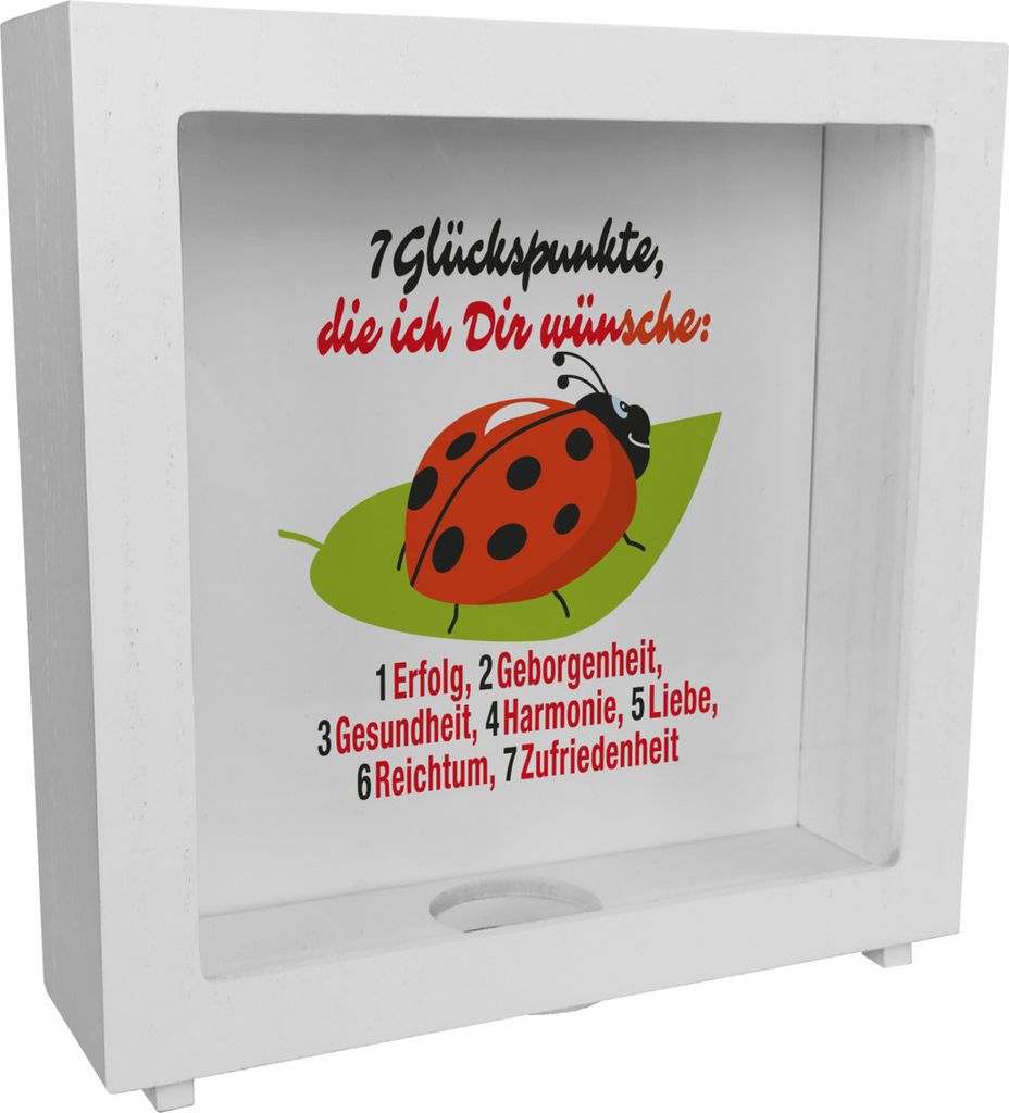 Marienkäfer Rahmen Spardose aus Holz mit Spruch Sieben Glückspunkte