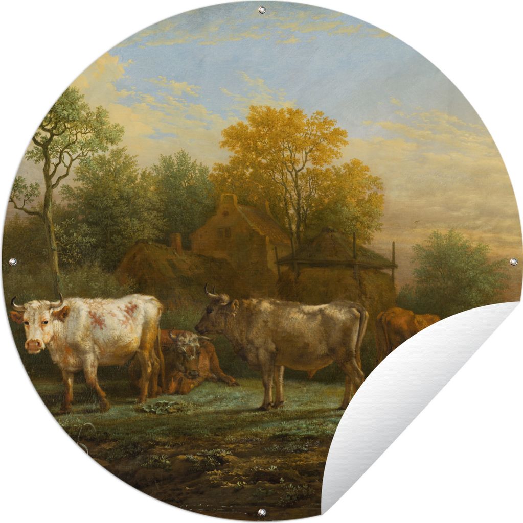 MuchoWow Gartenposter Outdoor-Poster Rund Rinder auf der Wiese - Gemälde von Paulus Potter Ø 120 cm Gartendeko Rundes Poster draußen