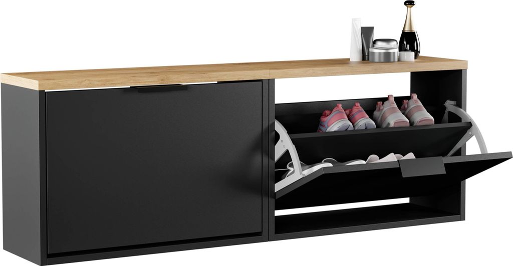 Planetmöbel Schuhschrank schmal 2 x 1 Klappe Schuhregal mit 2 Ablagen, schwarz