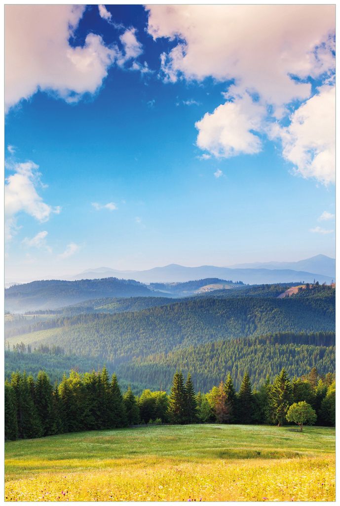 Wallario Wandbild aus Acryl, 90 x 60 cm, freischwebende Optik - Berglandschaft im Gebirge unter blauem Himmel