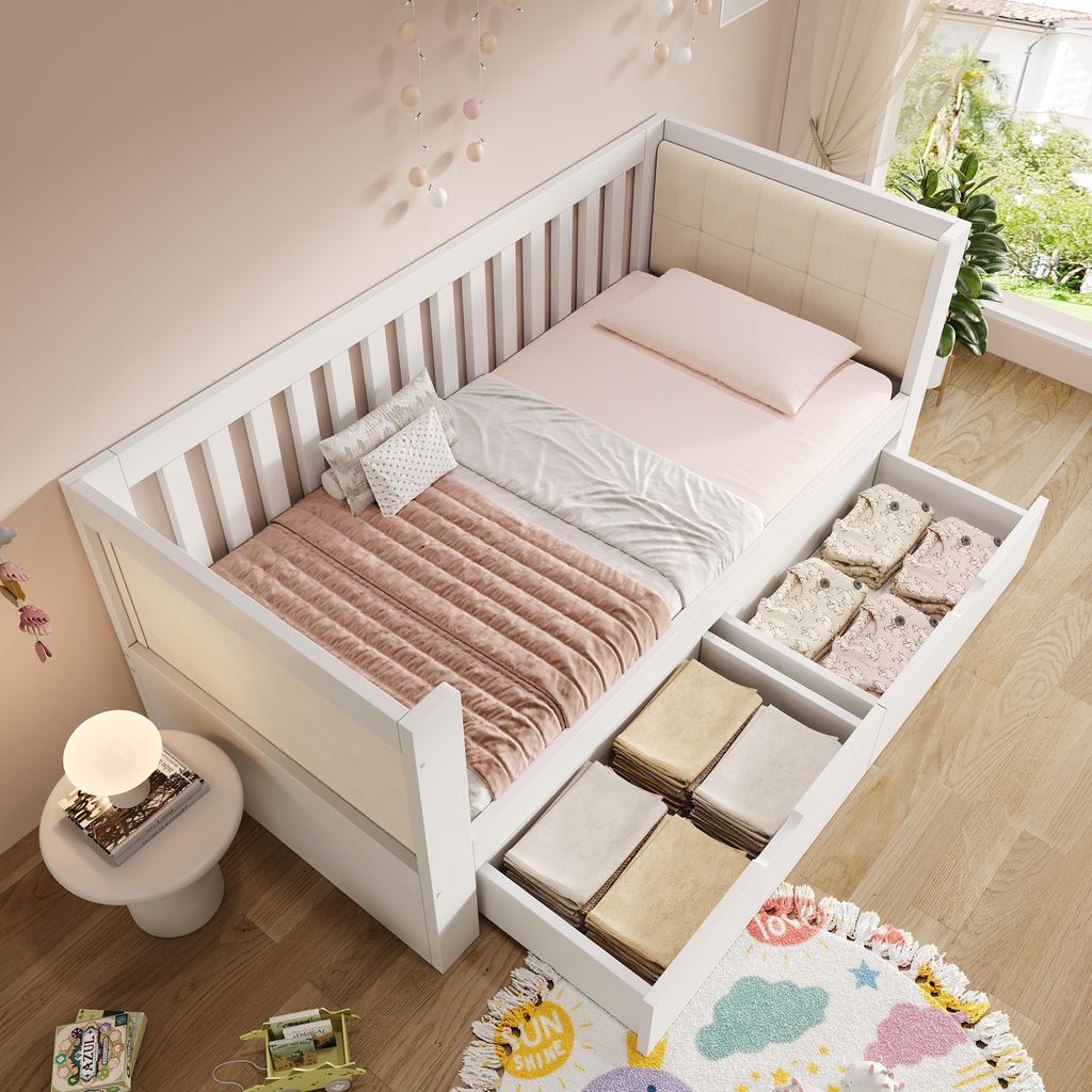 MODFU Kinderbett 90x190 mit Schubladen Schlafsofa mit Matratze Bettgestell mit abgerundeten Armlehnen Holz mit Matratze Weiß