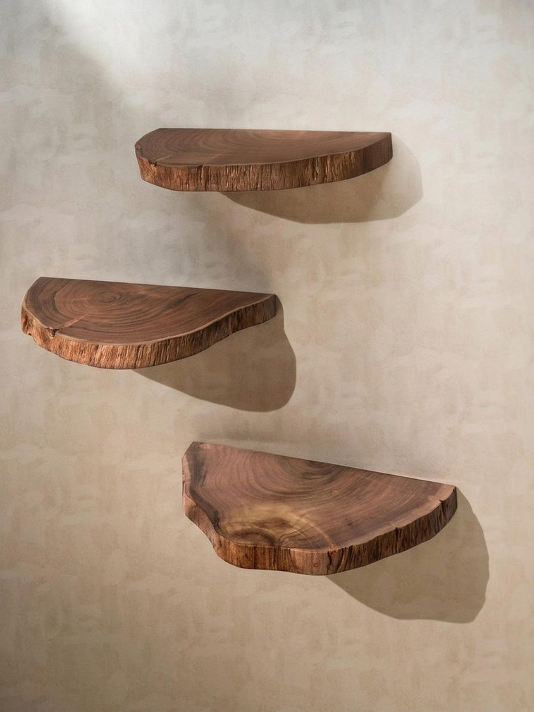 Wandregal 3er Set Akazie Vollholz Hängeregal Baumscheibe, Natur Pflanzentreppe für die Wand, Schweberegal Hängend mit Baumkante, Blumentreppe Ba...