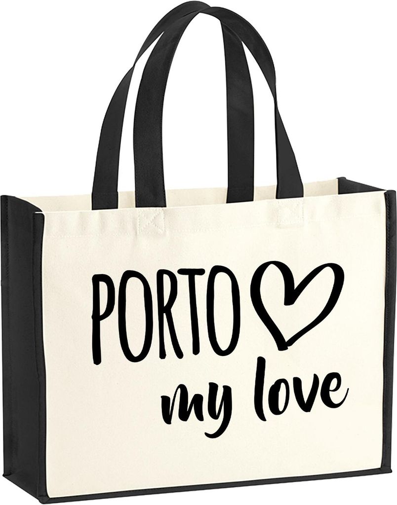 Huuraa Jutetasche Porto my love 21 Liter Black Jute und Baumwolle Einkaufstasche Geschenkidee