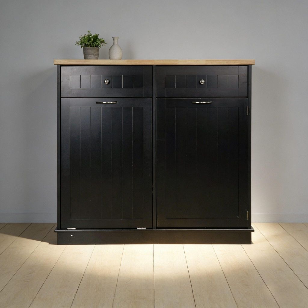 Kuechen-Muellschrank 100x35.5x90cm Schwarz MDF mit Gummibaum-Furnier Versteckter Abfallbehaelter Zwei Schubladen Stauraumschrank Modernes Kuechenmo...