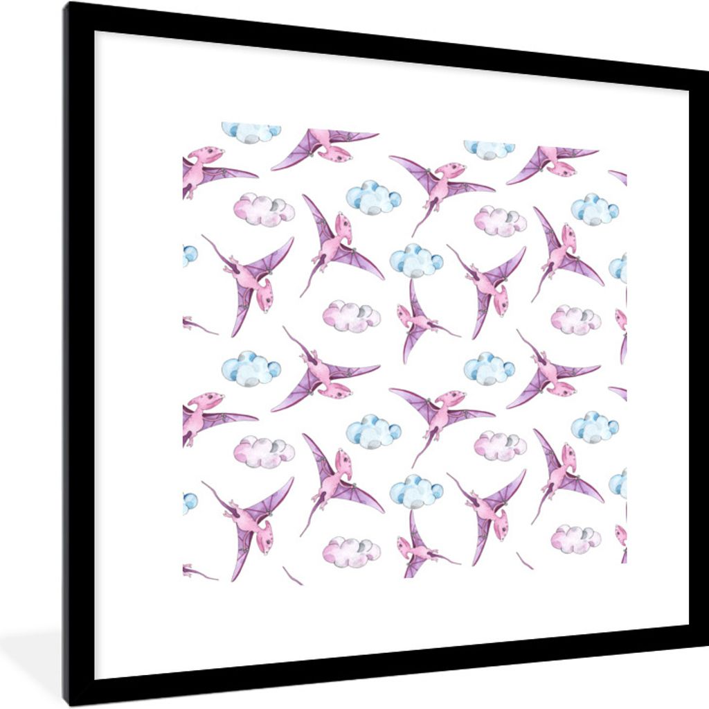 MuchoWow Gerahmtes Poster Dinosaurier - Kinderzimmer - Lila - Mädchen - Kinder - Rosa - Kinder 40x40 cm - Poster mit Schwarzem Bilderrahmen Wand...
