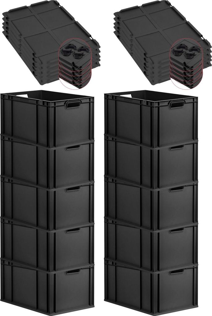 SparSet 10x Eurobox NextGen Grip mit Auflagedeckel inkl. 4 schwarzen Schiebeschnappverschlüssen | HxBxT 32x40x60cm | 65 Liter | Schwarz | Griffe o...