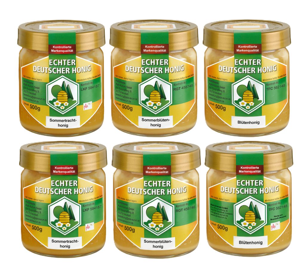 Echter Deutscher Honig - 6 Gläser - Set aus je 2x 500g Blütenhonig, Sommerblütenhonig, Sommertracht...