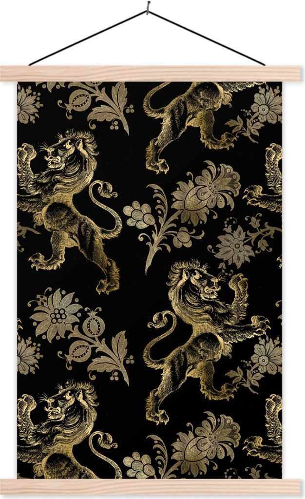 MuchoWow Textilposter Muster - Löwe - Gold - Schwarz 60x90 cm mit holzfarbenen Rahmen - Textil