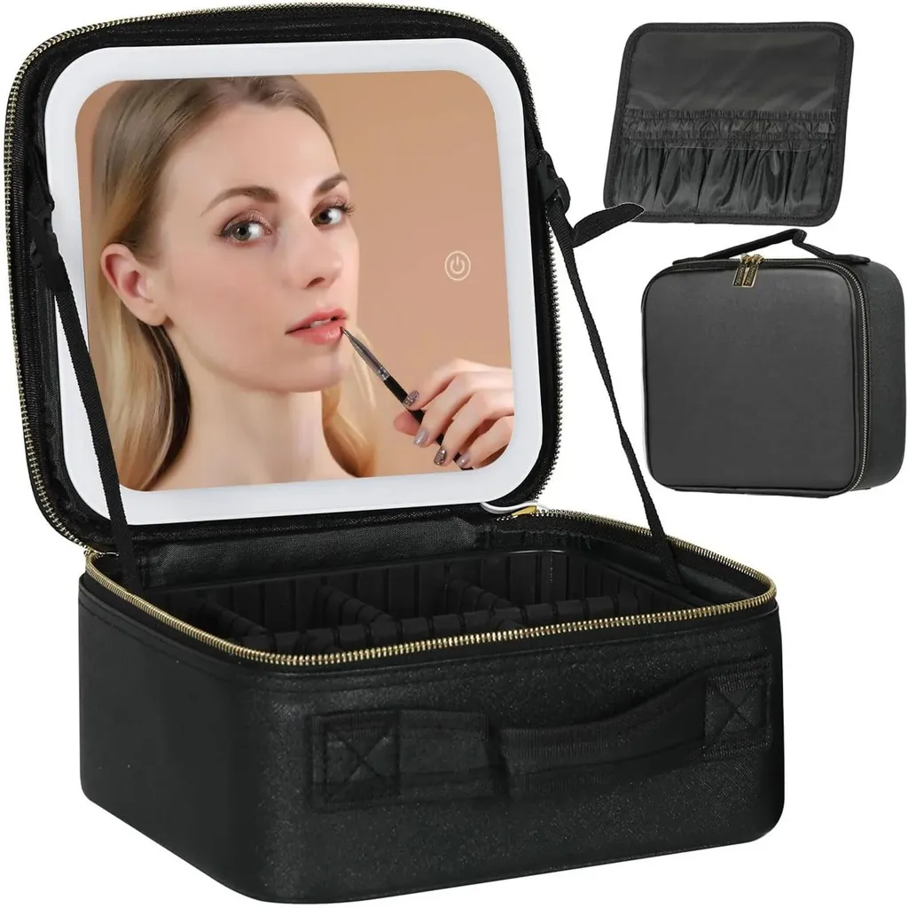 Trousse Maquillage Anti-Choc avec Miroir Lumineux LED et Cloisons Amovibles