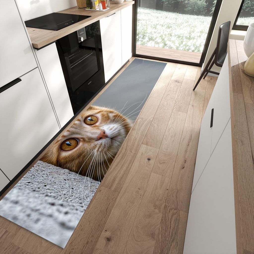 Küchenteppich 60x300cm rutschfest & abwischbar PVC Läufer - Neugierige Katze