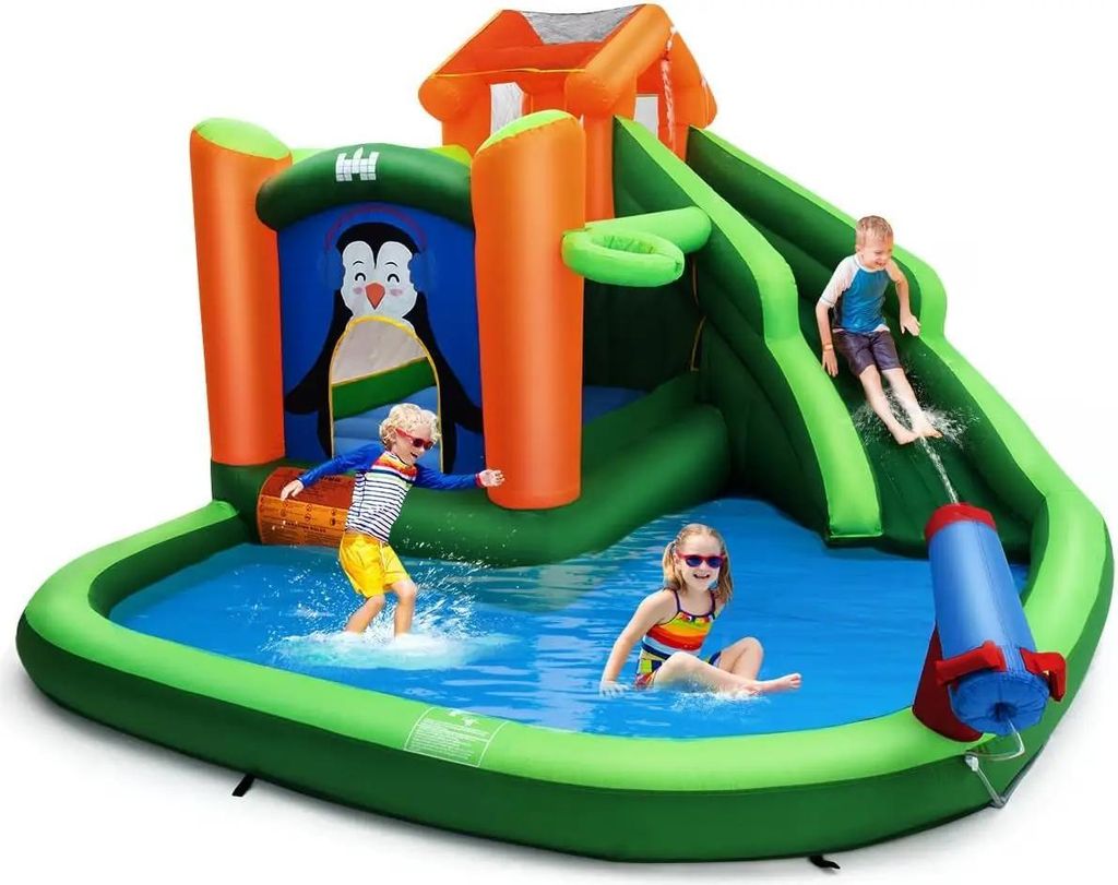 Aufblasbare Hüpfburg für Kinder - Wasserpark mit Rutsche - Kletterwand - Planschbecken - Wasserkanone - Basketballkorb - Mehrfarbig