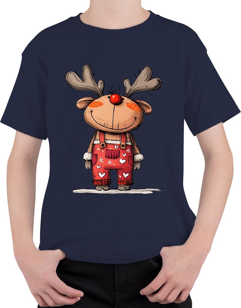 Rudolf Rentier rote Nase Weihnachten niedlich Geschenk Cartoon Uni Kinder T-Shirt, Navy, 128