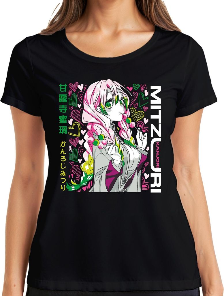 Mitsuri Kanroji Demon Slayer Anime kawaii Herz Pastell Geschenk Damen T-Shirt, Schwarz, XL