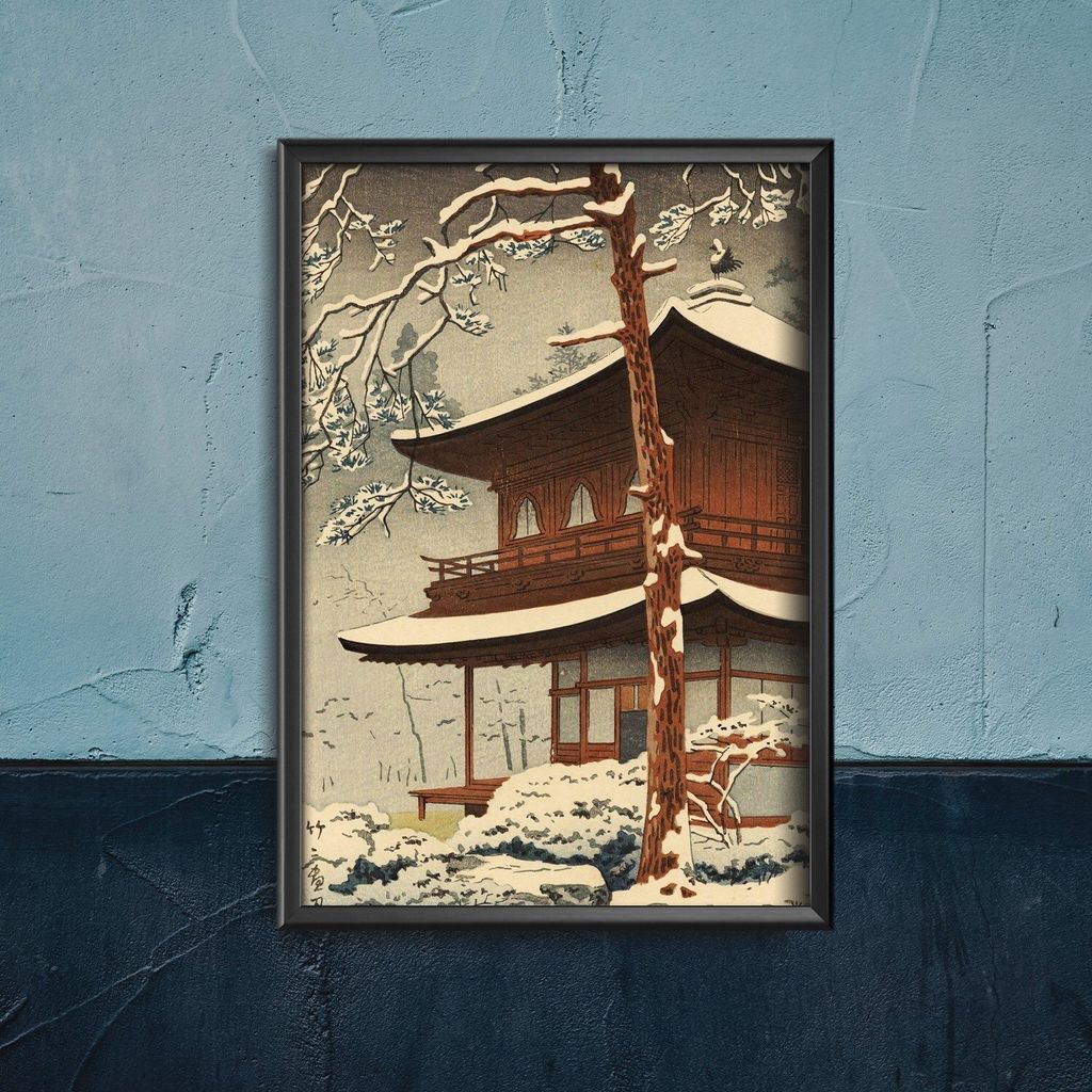 Poster - Canvas - Leinwand - 21 cm x 29,7 cm - Fotoposter - Leinwandkunst - Schnee im Tempel Ginkakuji Kawase Hasui