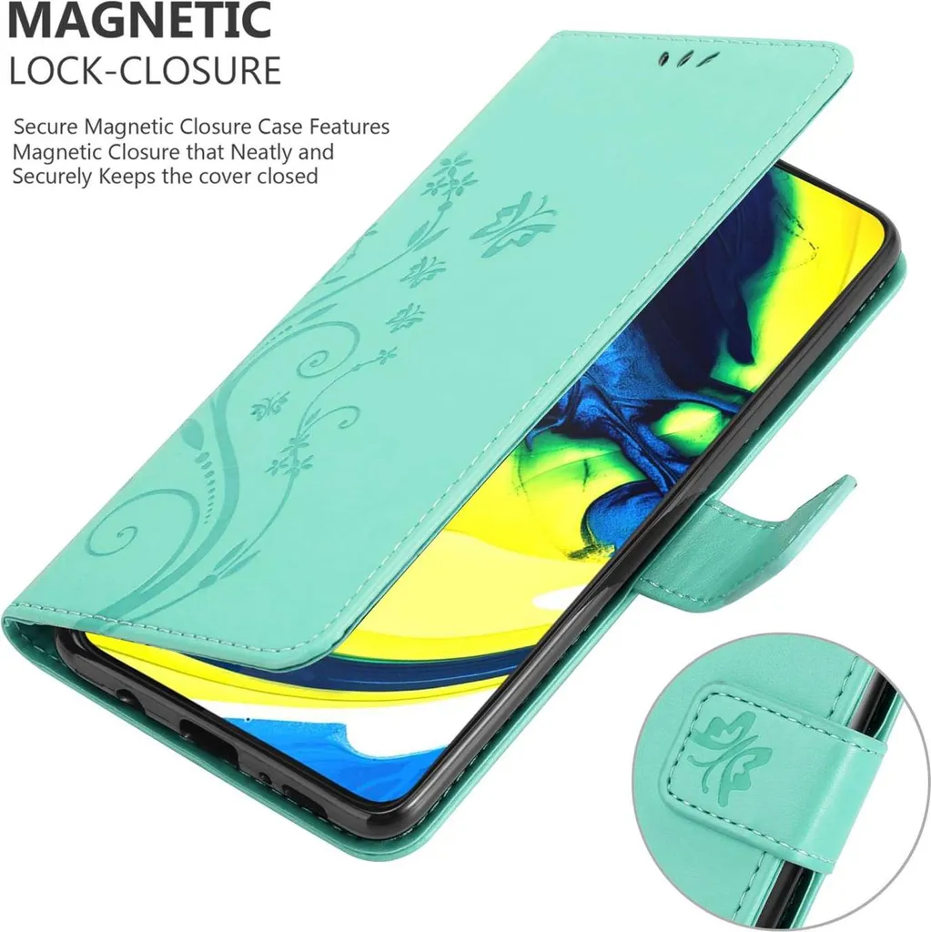 Cadorabo cover per Samsung Galaxy A80 / A90 4G in FLORAL TURQUOISE cover protettiva in design floreale con chiusura magnetica, funzione stand e slot per carte di credito flip case flower cover cover cover cellulare flap cover book case - 4