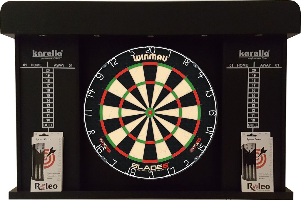 Steeldart Set Dartscheibe Winmau Blade 6 + Kabinett + 2 Satz Roleo Dartpfeile