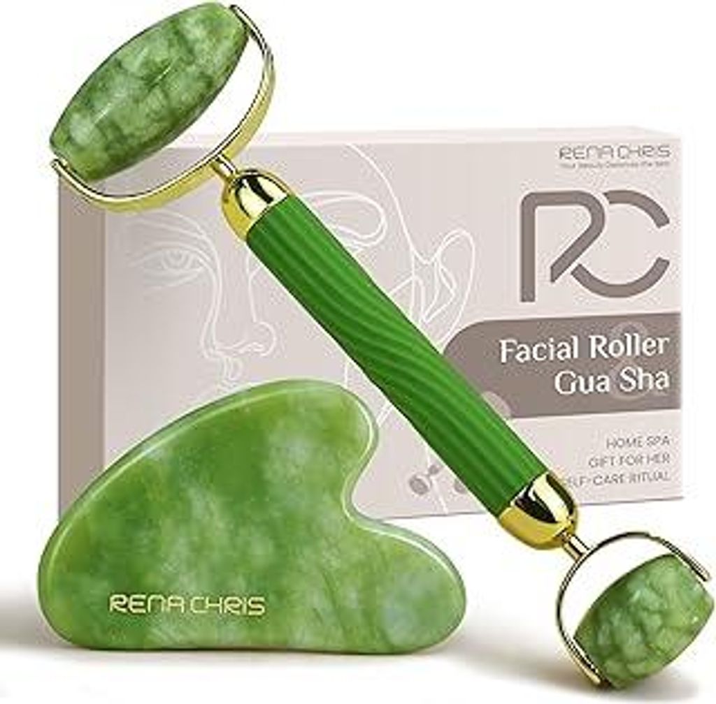 Rena Chris Jade Gua Sha Stein und Gesichtsroller, Natürliche Jade Roller und Gua Sha Set zur Kieferkonturierung und Schwellungsreduzierung – Hau...