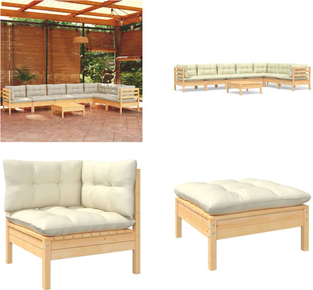 vidaXL 8 tlg. Garten Lounge Set mit Creme Kissen Massivholz Kiefer - Garten-Lounge-Set - Garten-Lounge-Sets - Gartenmöbel-Set - Gartenmöbel-Sets
