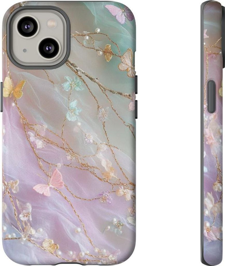 Pastellfarbenes Design mit bestickten Schmetterlingen und Perlen – Hülle Kompatibel mit iPhone 14