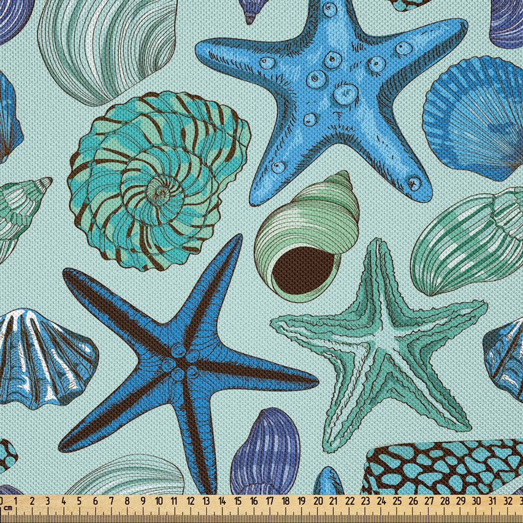 ABAKUHAUS Seestern Satin Stoff als Meterware, Aquarium inspirierte Zusammensetzung tropische Muscheln und Jakobsmuscheln Herzmuscheln und Muscheln,...