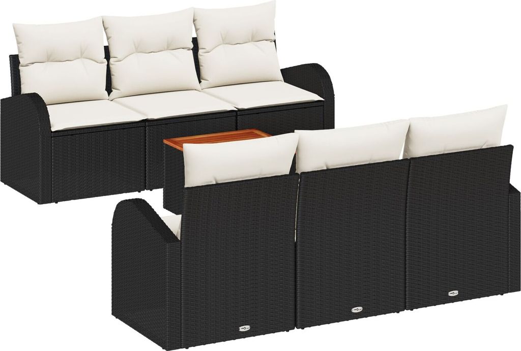 Möbel 7-teiliges Garten Sofa Set mit Kissen in schwarzem Poly Rattan Akazie, 2-Sitzer Garten Sofa mit Stauraum & Kissen in schwarzem Poly Rattan -...