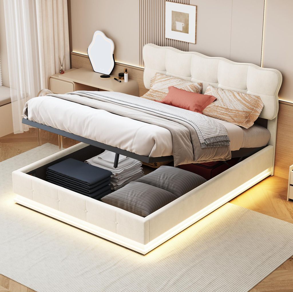 ProximaX Polsterbett 140x200 cm aus Samt in Beige mit LED & Gasdruckfeder-Stauraum – Modernes Doppelbett mit Bettkasten und Schwebe-Effekt