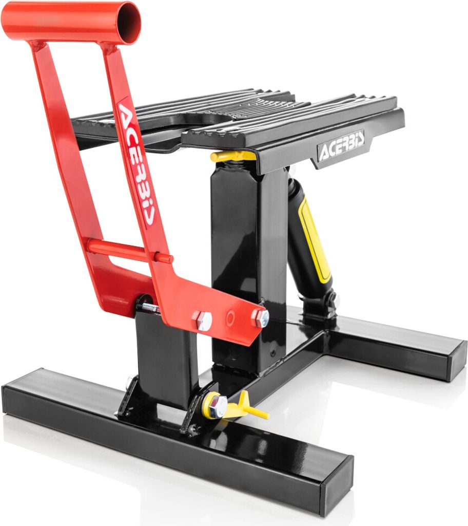 A black and red motorcycle stand is shown against a white background.