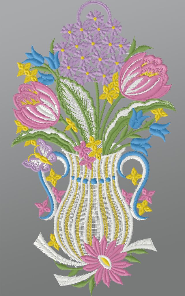 Fensterbild aus Plauener Spitze - Vase mit Frühlingsblumen (BxH) 15cm x 26cm, mehrfarbig, Fensterdekoration und Fensterschmuck