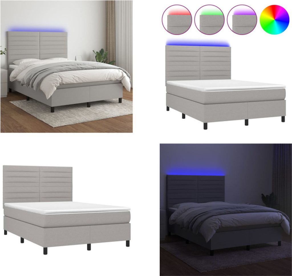vidaXL Boxspringbett mit Matratze & LED Hellgrau 140x200 cm Stoff - Boxspringbett - Boxspringbetten - Bett - Schlafzimmermöbel