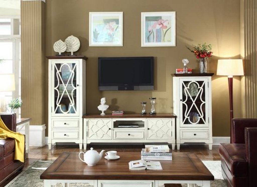 Wohnwand 2x Vitrine mit Sideboard Weiß JVmoebel