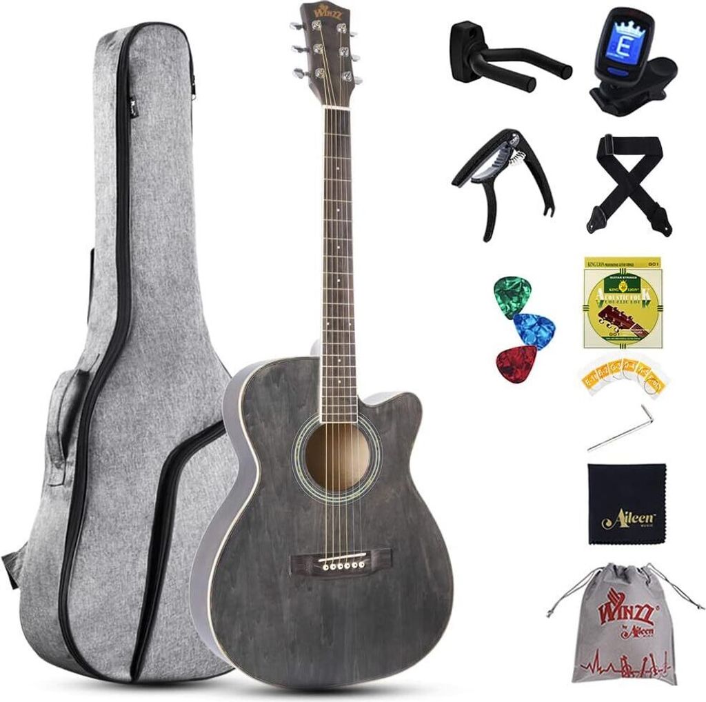 Kinder 3/4, Akustik Gitarre Anfänger Set, Western Gitarre Erwachsene Kleiner Körper 36 Zoll, Reisegitarre Schwarz-Grau mit Stahlsaiten