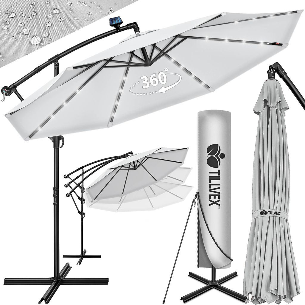 tillvex Alu Ampelschirm Grau LED Solar Ø 300 cm mit Kurbel Produktbild  KI-generiertes Bild