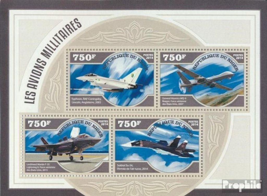 Briefmarken Niger 2014 Mi 3239-3242 Kleinbogen (kompl. Ausg.) postfrisch Militärflugzeuge