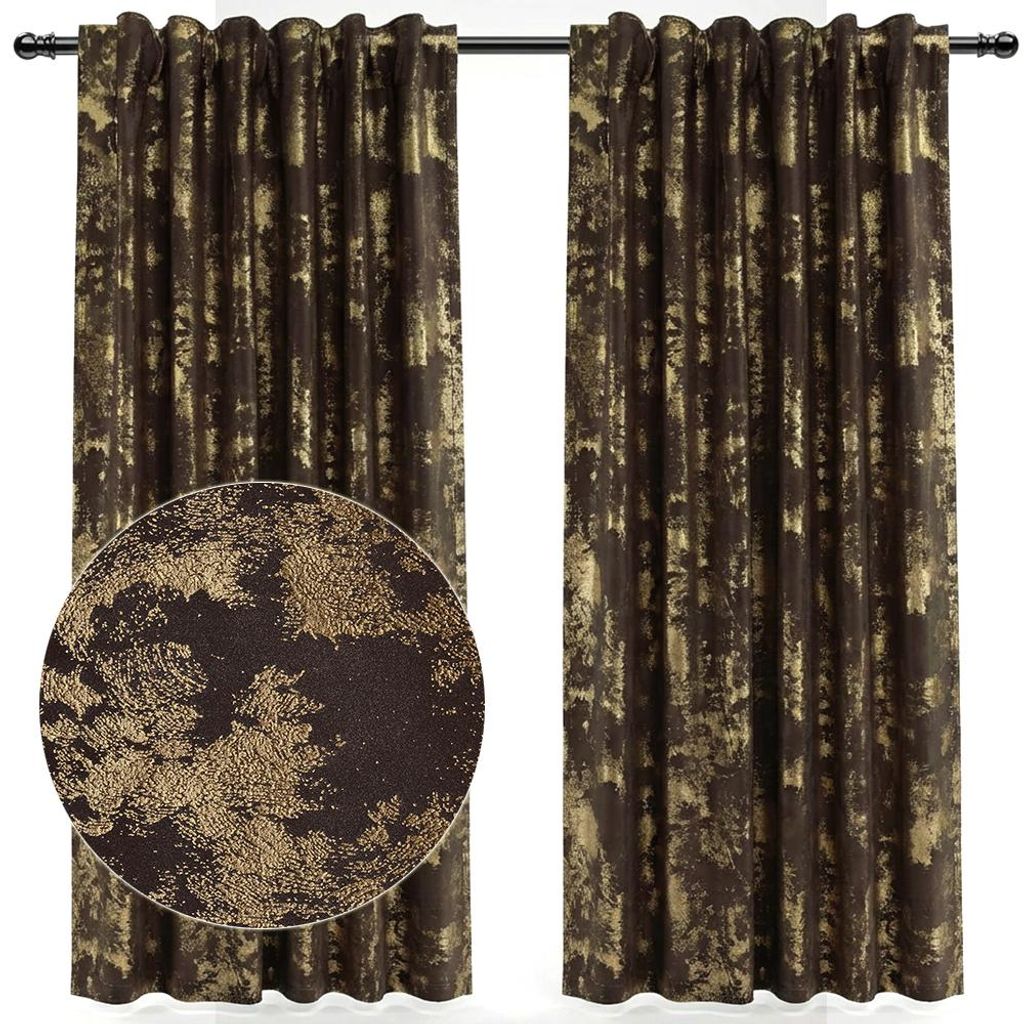 2 Stück Samt Vorhänge Blickdicht, Braun Kräuselband Vorhang, Golddruck Verdunkelung Thermo Samtvorhang Für Wohnzimmer Schlafzimmer, 132x274cm
