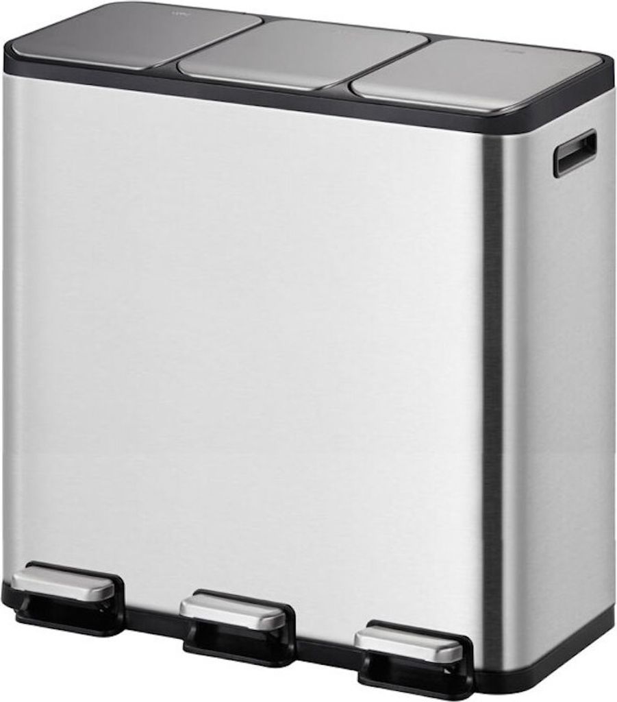 Rechteckiger Treteimer aus gebürstetem Edelstahl mit getrennten Soft-Close & Stay-Open Deckel | 15+15+15 Liter, HxBxT 50,8x60,5x32,1cm | Silber