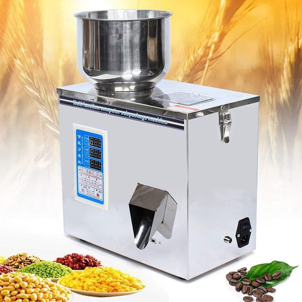 A stainless steel granular filling machine with a digital display, shown with various grains and coffee beans in the foreground, against a background of wheat stalks.